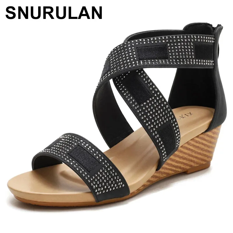 

SNURULANShiny Rhinestone cross strap wedge sandals 2021 summer Rome gladiator sandal casual female comfortable party shoe