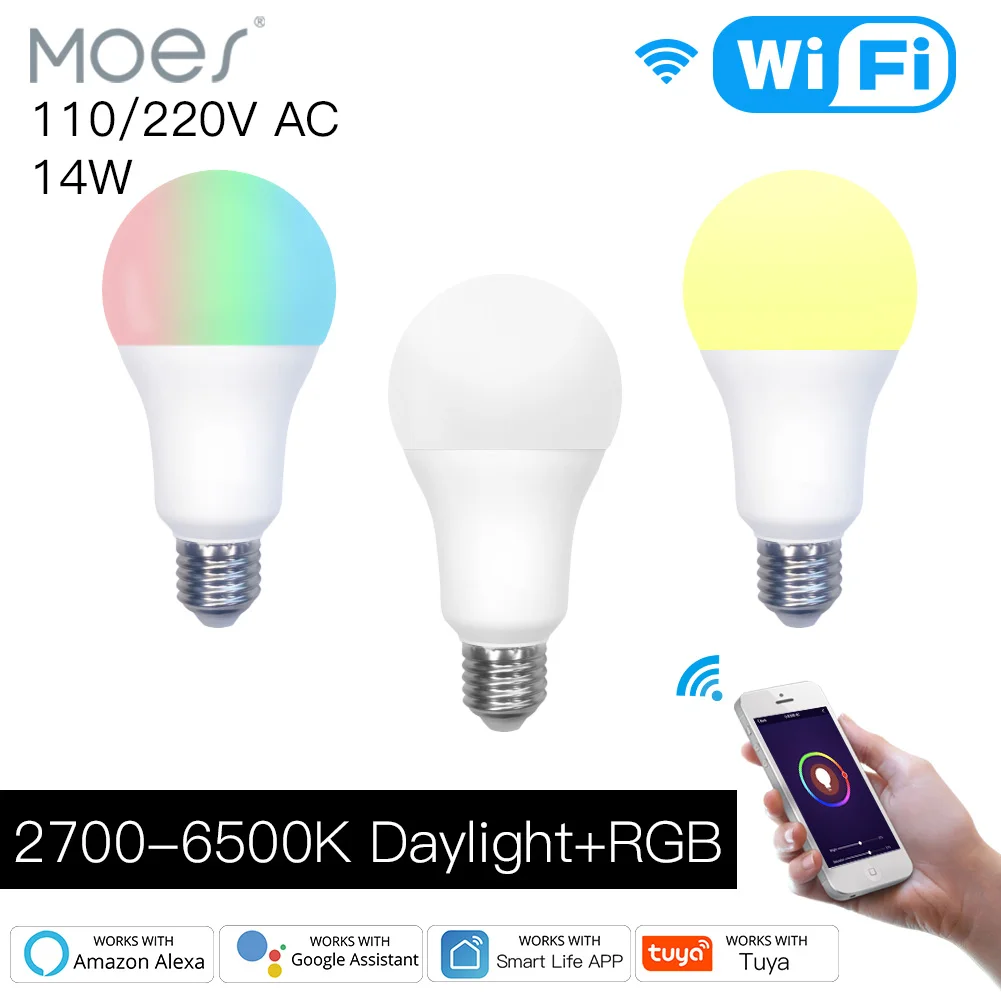 WiFi Smart LED Light Bulb Dimmable Lamp 14W RGB C+W E27 Color Changing 2700K-6500K Tuya Smart App Control Work with Alexa Google
WiFi Smart LED Light Bulb Dimmable Lamp 14W RGB C+W E27 Color Changing 2700K-6500K Tuya Smart App Control Work with Alexa Google