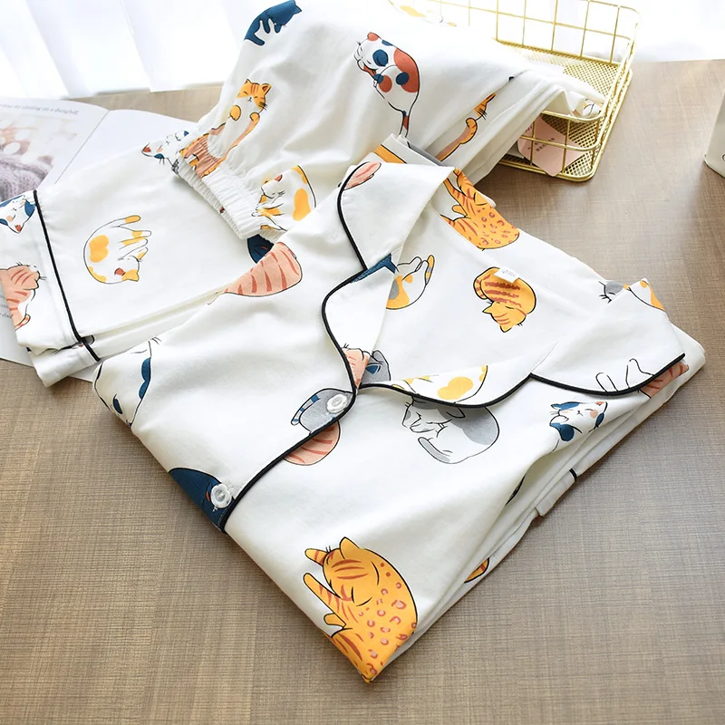 

100% pijamas de para as mulheres 2021 bonito gato dos desenhos animados roupas para casa 2pcs conjunto pijama