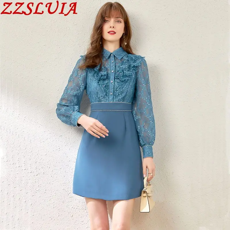 Elegant Women's Dresses Turn Down Collar Long Sleeve Lace Ruffles Patchwork Design Slim Dress Fashion Spring Female Clothing 
Elegant Women's Dresses Turn Down Collar Long Sleeve Lace Ruffles Patchwork Design Slim Dress Fashion Spring Female Clothing