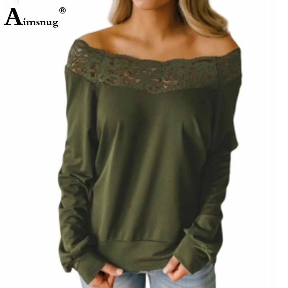 Aimsnug Women Loose Elegant T-shirt Lace Patchwork Female Slash neck Tees Shirt 2020 Autumn Long Sleeve Casual Women's Tops
Aimsnug Women Loose Elegant T-shirt Lace Patchwork Female Slash neck Tees Shirt 2020 Autumn Long Sleeve Casual Women's Tops
