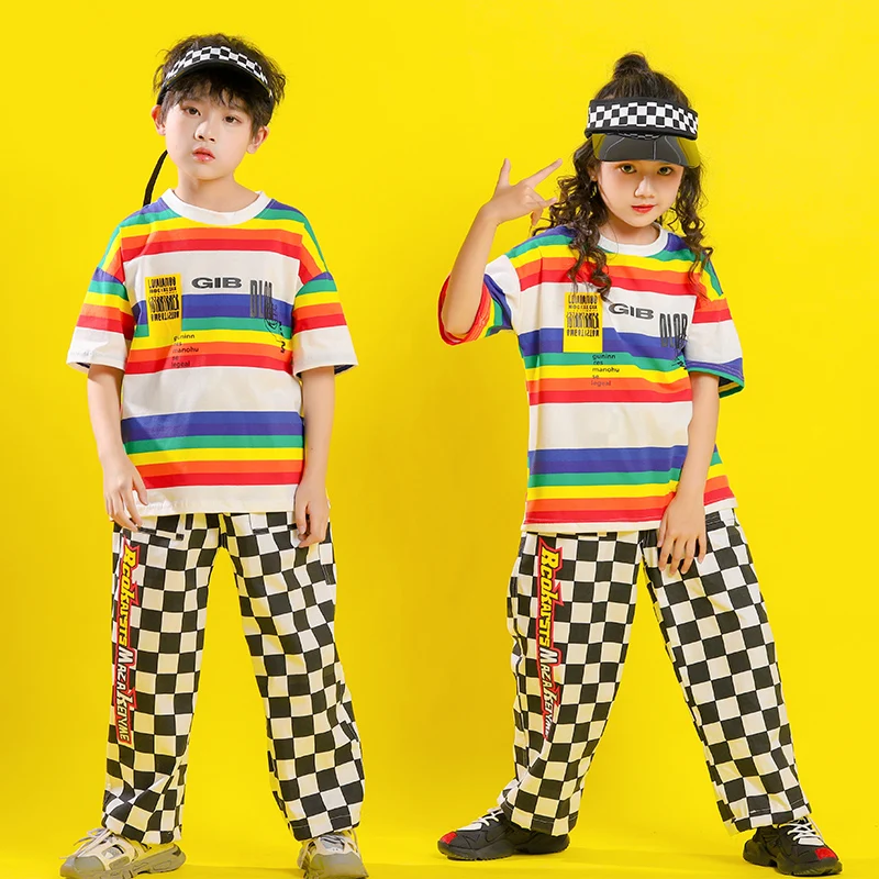 

Дети концерт Одежда в стиле хип-хоп футболка в полоску топы уличная штаны в клетку, для девочек, для выступлений для мальчиков уличная одежд...