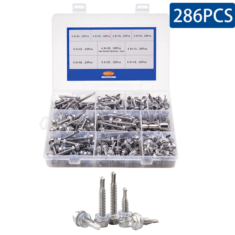 

286PCS/Box 410 Stainless Steel M4.8 M5.5 Hexagon Flange Self-drilling Tapping Screws Thread Assorted Kit With Hex Socket Wrench