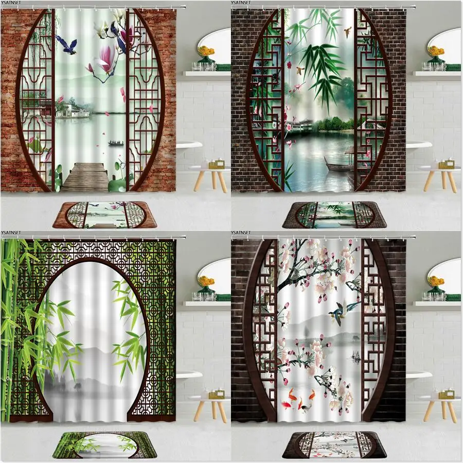 2Pcs Chinese Style Landscape Painting Shower Curtain Screen Green Bamboo Plum Blossom Bird Fish Bathroom Non-Slip Bath Mat Set 
2Pcs Chinese Style Landscape Painting Shower Curtain Screen Green Bamboo Plum Blossom Bird Fish Bathroom Non-Slip Bath Mat Set