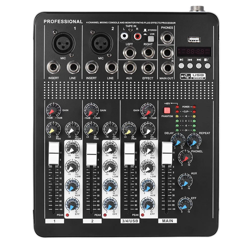 Professional 4-Channel Mic Line Audio Mixer Mixing Console with 3-band EQ 48V Phantom Power USB Interface
Professional 4-Channel Mic Line Audio Mixer Mixing Console with 3-band EQ 48V Phantom Power USB Interface