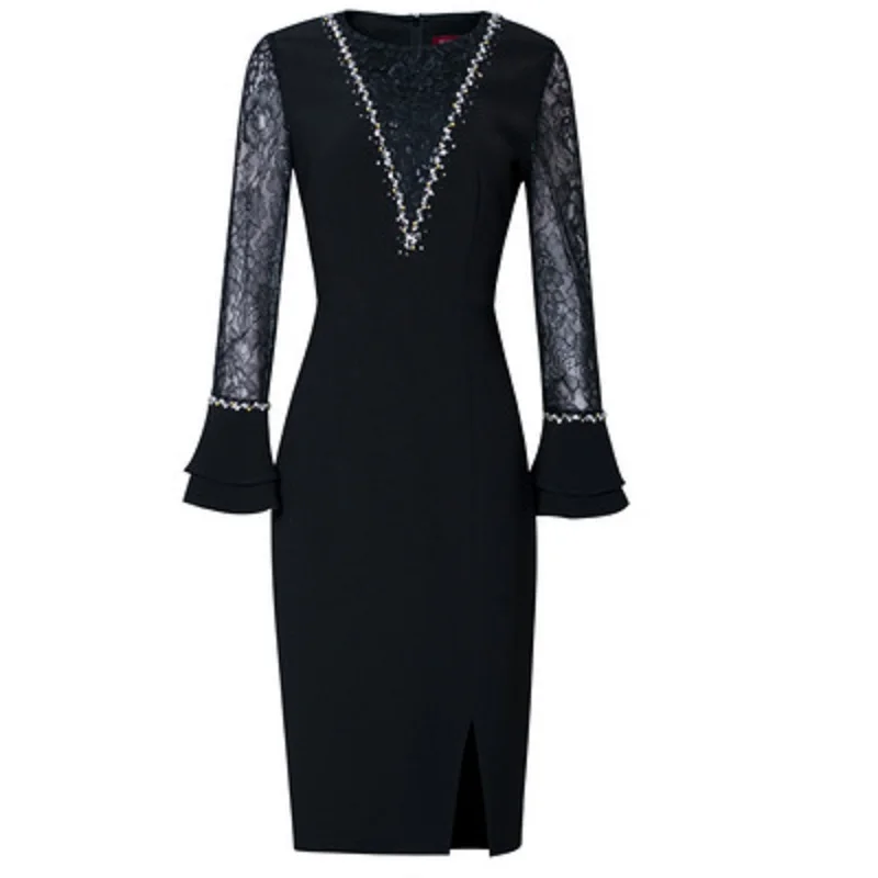 Solid Fashion Office lady dresses 2021 Autumn Spring casual flared sleeve dress women's slim patchwork beading luxury Lace skirt 
Solid Fashion Office lady dresses 2021 Autumn Spring casual flared sleeve dress women's slim patchwork beading luxury Lace skirt