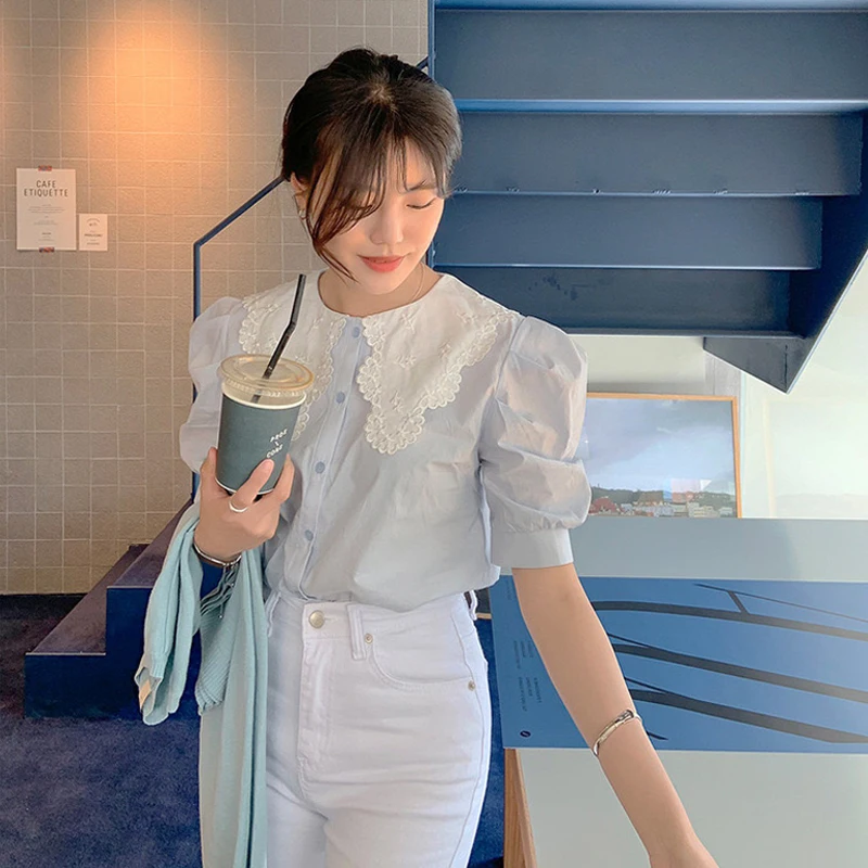Korean Fashion Loose Blue Shirts Button Up Short Sleeve Summer Sweet Shirts Women New 2021 Chic Peter Pan Collar Tops 13846
Korean Fashion Loose Blue Shirts Button Up Short Sleeve Summer Sweet Shirts Women New 2021 Chic Peter Pan Collar Tops 13846