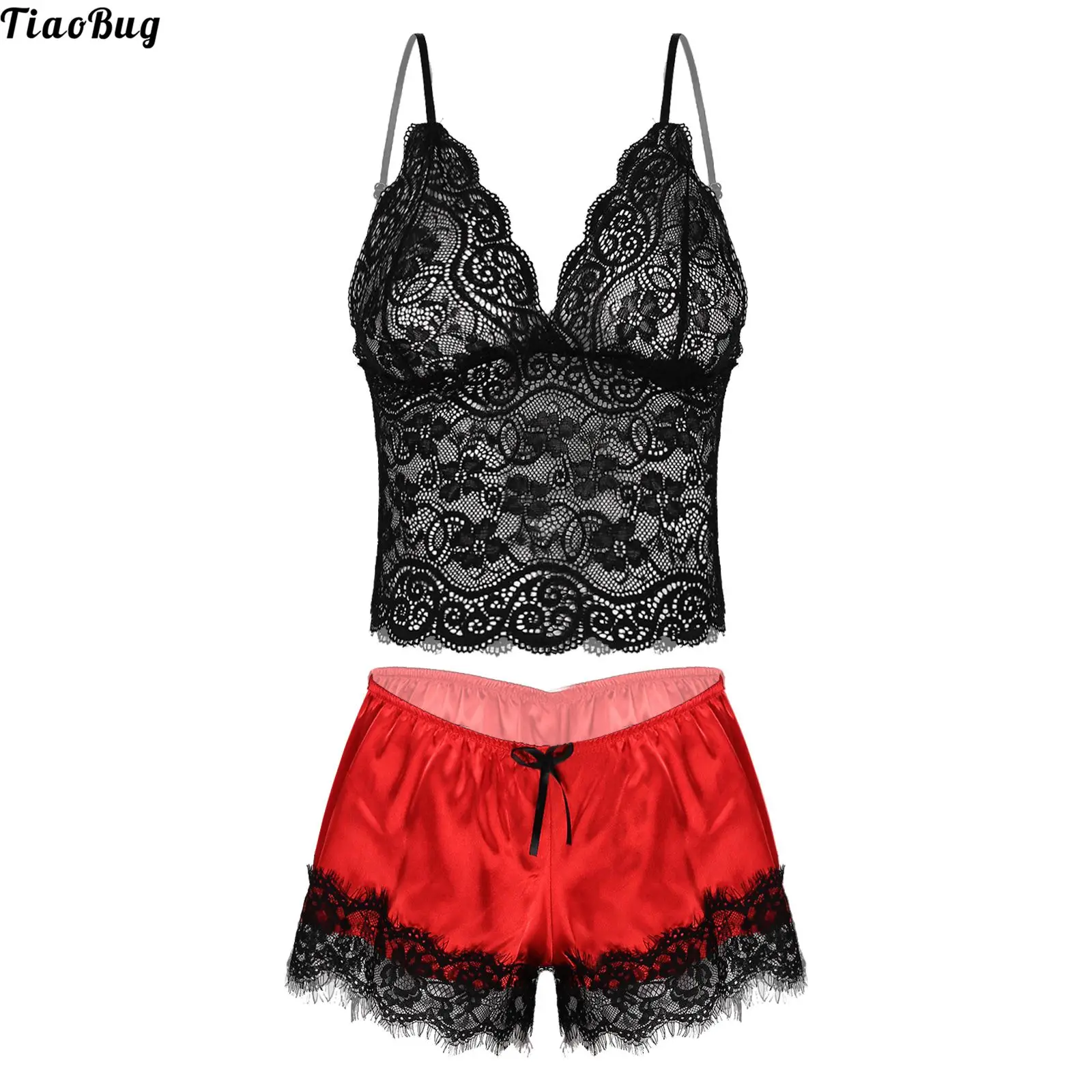 

TiaoBug Summer Women Lady 2Pcs See-Through Lace Lingerie Suit Pajama Set Sleepwear Homewear Cropped Camisole With Shorts