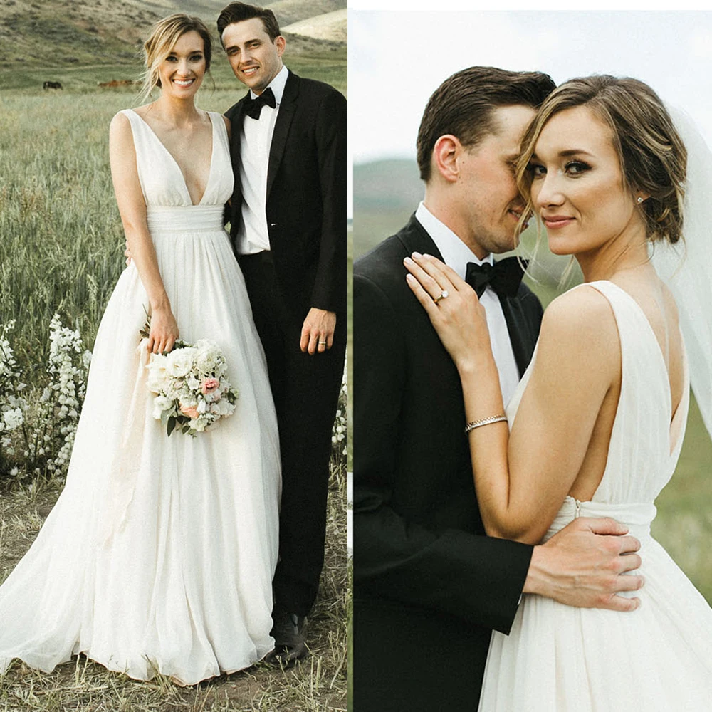 Simple Deep V Neck Pleated Chiffon Wedding Dress Ruched Sash Open Back Backless Custom Made Beach Rustic A Line Bridal Gowns
Simple Deep V Neck Pleated Chiffon Wedding Dress Ruched Sash Open Back Backless Custom Made Beach Rustic A Line Bridal Gowns