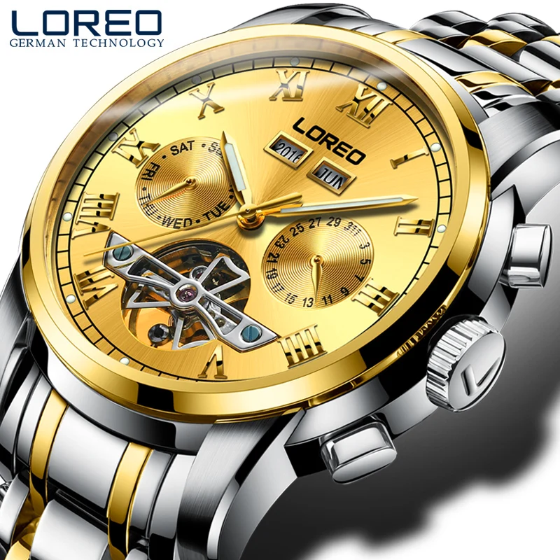 

Perpetual Calendar LOREO Mens Automatic Mechanical Watches Tourbillon Waterproof Business Sport Skeleton Watch Relogio Masculino