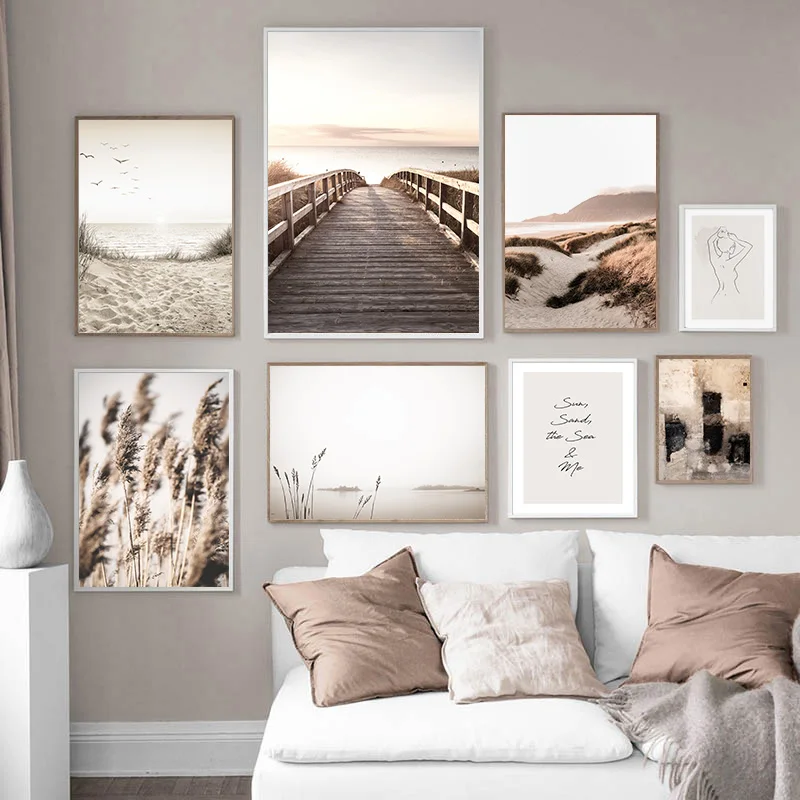 

Scandinavian Nature Landscape Canvas Painting Grass Bridge Beach Sunset Wall Art Poster Nordic Print Modern Picture Home Decor