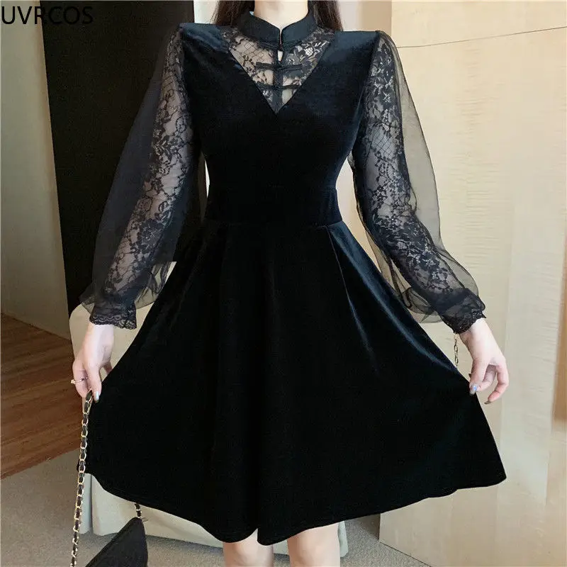Gothic Velvet Black Mini Dress Women Vintage Lantern Sleeve Qipao Neck Dress Autumn Patchwork Mesh Sexy Dress Streetwear Female
Gothic Velvet Black Mini Dress Women Vintage Lantern Sleeve Qipao Neck Dress Autumn Patchwork Mesh Sexy Dress Streetwear Female