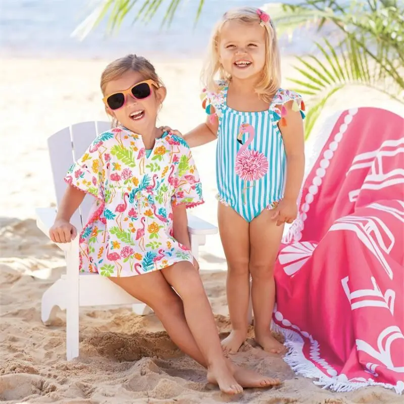 2019 Brand Toddler Kids Baby Girls Flamingo Cartoon Tankini Summer New Tassel Floral 3D Swimwear Swimsuit Bathing Beach | Мать и ребенок