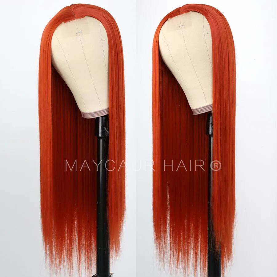 Парики Maycaur из длинных прямых волос парики оранжевого цвета на сетке спереди для