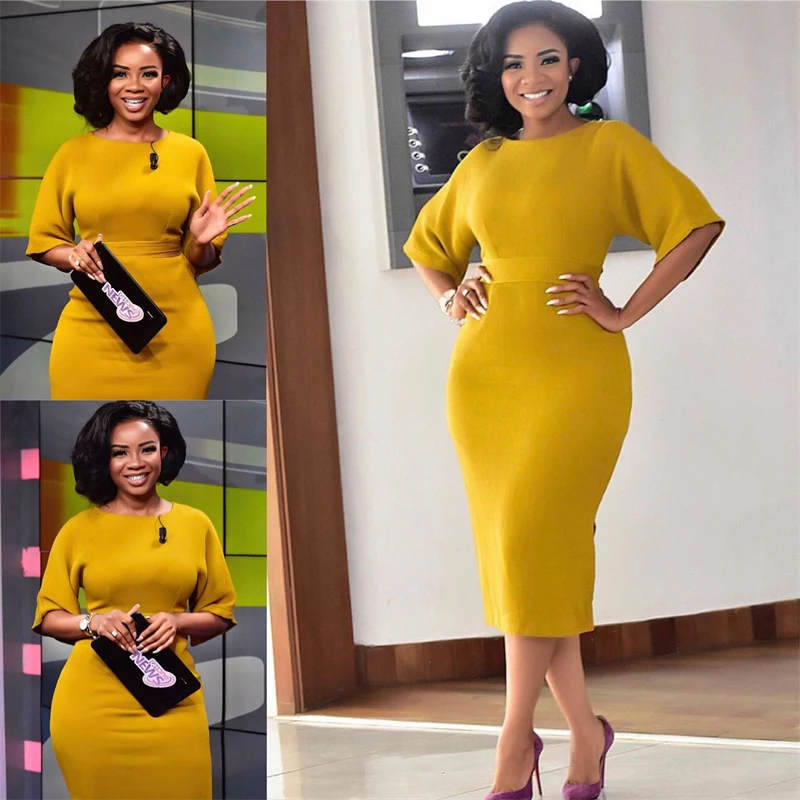 Yellow Women Dresses Bodycon Slim Elegant Office Ladies Workwear Short Sleeve Round Neck Tight Elastic African Clothes Female
Yellow Women Dresses Bodycon Slim Elegant Office Ladies Workwear Short Sleeve Round Neck Tight Elastic African Clothes Female