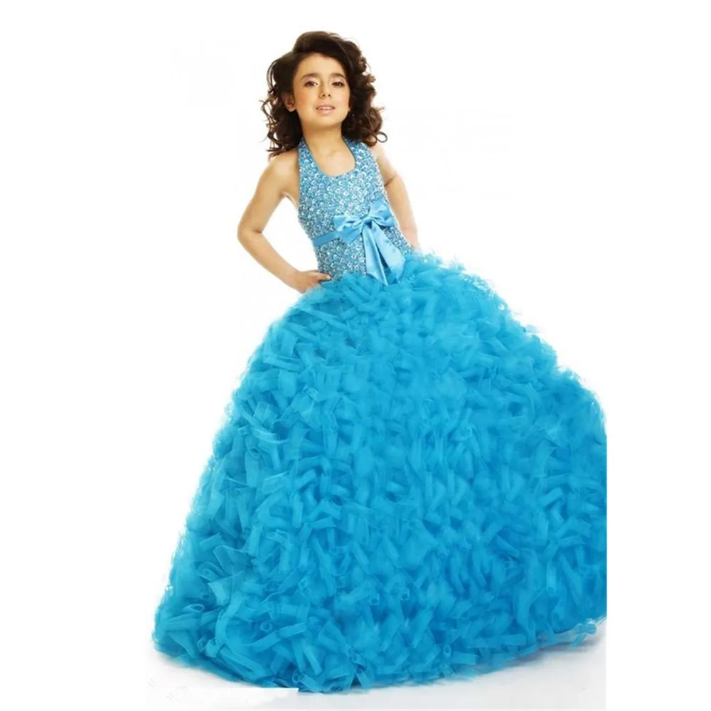 New Design Beaded Rhinestone Blue Pageant Dresses for Junior Girls with Bow Knot Halter Heavily Ruffles Ball Gown
New Design Beaded Rhinestone Blue Pageant Dresses for Junior Girls with Bow Knot Halter Heavily Ruffles Ball Gown