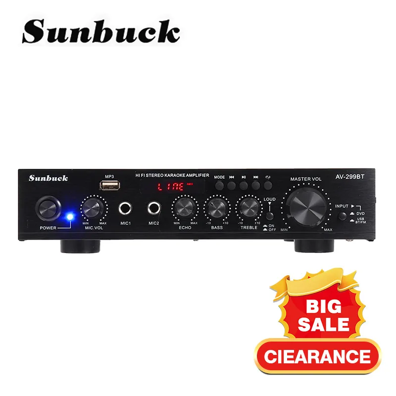 SUNBUCK Home Theater Amplifiers AV-299BT USB FM 5.0 bluetooth MP3 2 Mic input 2CH 2000W 50Hz Stereo Power Amplifier
SUNBUCK Home Theater Amplifiers AV-299BT USB FM 5.0 bluetooth MP3 2 Mic input 2CH 2000W 50Hz Stereo Power Amplifier