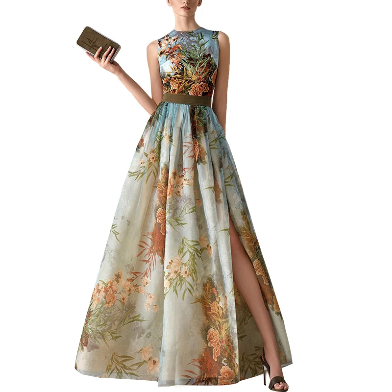 in America High Set Print Dress Style Sleeveless Split Slim Dress 2021 New Summer 
in America High Set Print Dress Style Sleeveless Split Slim Dress 2021 New Summer