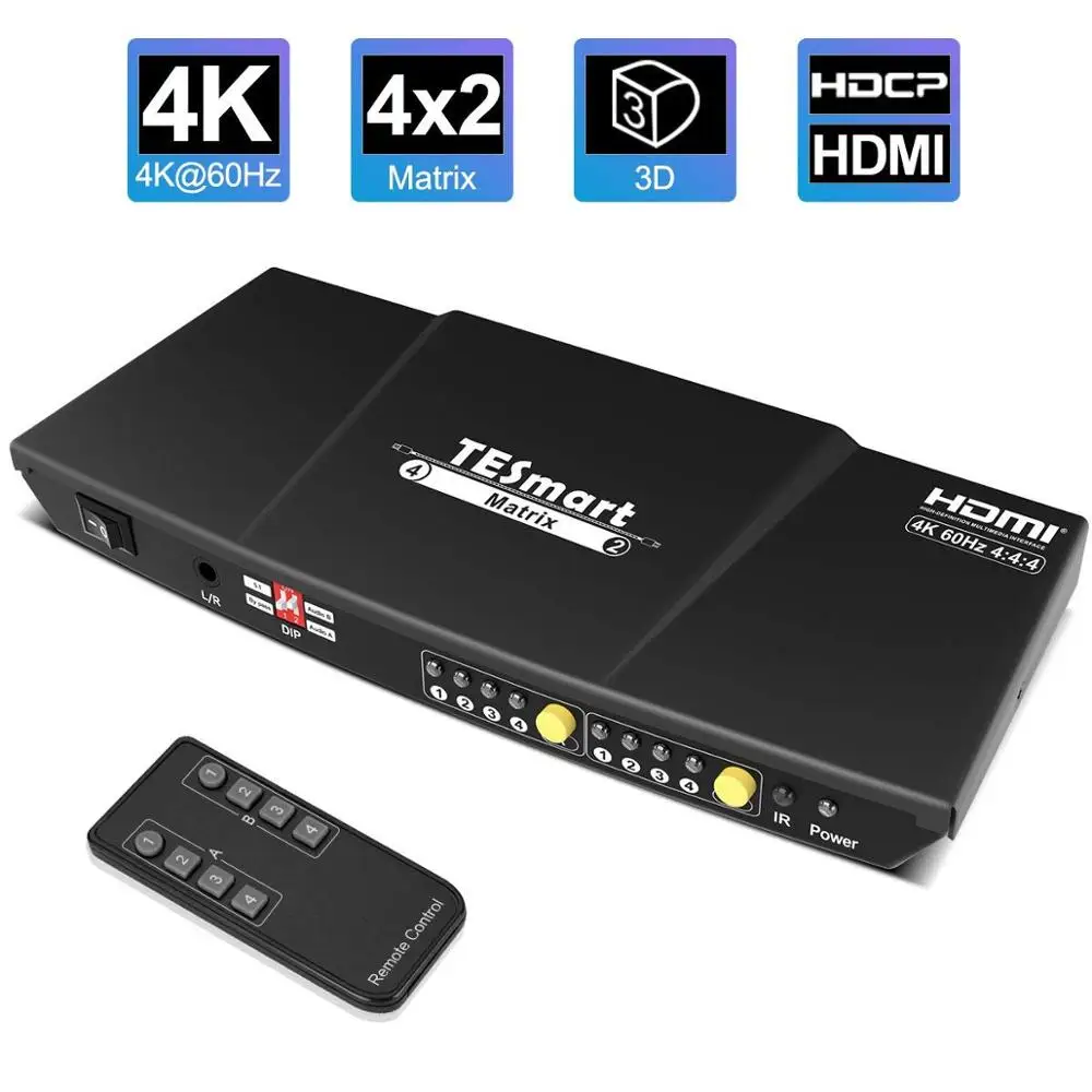 TESmart 4x2 HDMI матричный переключатель сплиттер, 4K @ 60Hz HDMI коммутатор коробка, 4 в 2 Out с ИК-пультом дистанционного управления поддерживает HDCP 2,2 18Gb
TESmart 4x2 HDMI матричный переключатель сплиттер, 4K @ 60Hz HDMI коммутатор коробка, 4 в 2 Out с ИК-пультом дистанционного управления поддерживает HDCP 2,2 18Gb