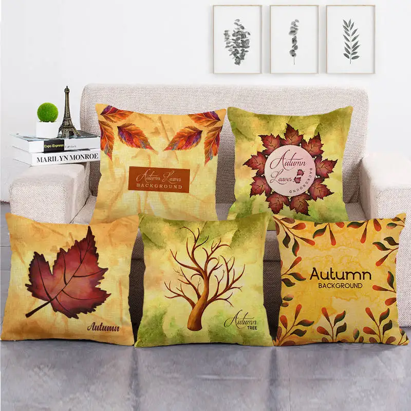 

Maple Leaf Linen Cushion Cover Hello Autumn Sunflower Yellow Pillowcase Decorative for Sofa Couch Home Living Room Decor 45*45cm