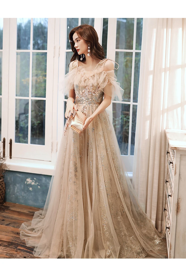 

luxury champagne beading ruffled sleeve royal queen long dress medieval Renaissance Victoria ball gown/customs size make