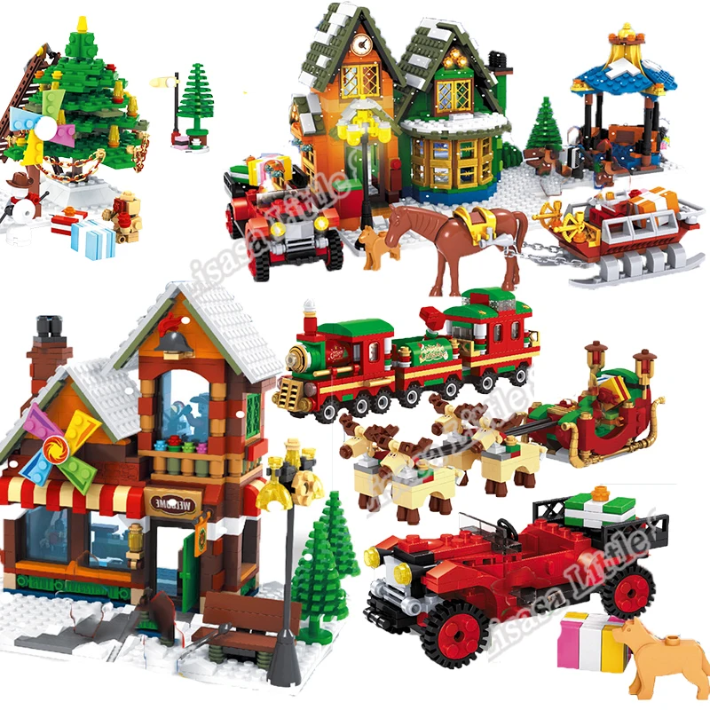 

New Christmas Winter Village Scene Holiday City Train Reindeer Friends Building Blocks Santa Claus Figures Toys Gift