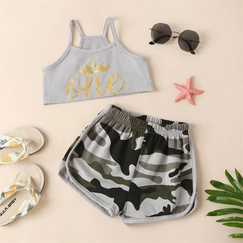Baby Girls 2Pcs Summer Fashion Clothes Sets Letter Printed Sleeveless Crop Tops & Camouflage Elastic High Waist Short Pants
Baby Girls 2Pcs Summer Fashion Clothes Sets Letter Printed Sleeveless Crop Tops & Camouflage Elastic High Waist Short Pants