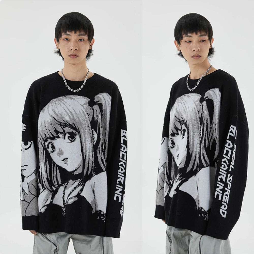2021 Hip Hop Streetwear Vintage Style Harajuku Knitting Sweater Anime Girl Knitted Death Note Sweater Pullover
2021 Hip Hop Streetwear Vintage Style Harajuku Knitting Sweater Anime Girl Knitted Death Note Sweater Pullover