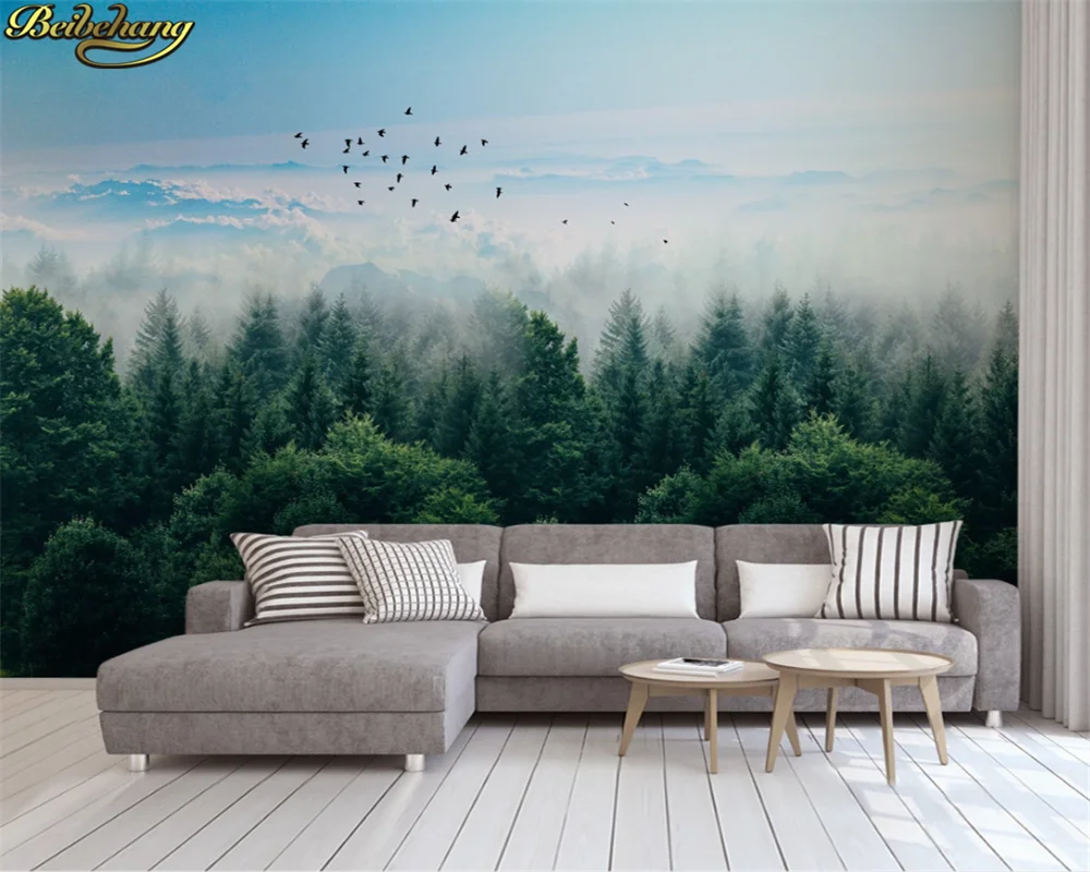 

beibehang 3d wallpaper mural Nordic minimalist foggy forest distant mountains flying birds background wall paper papel de pared
