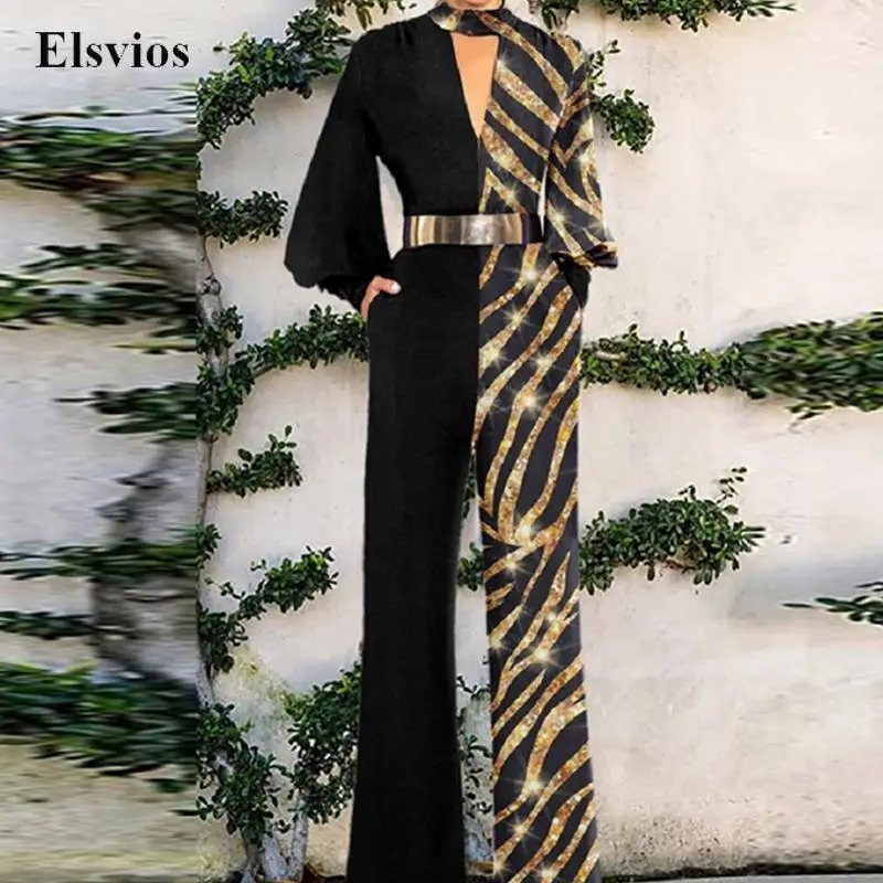 

Fashion Zebra Stripe Print Playsuit Overalls Sexy Hollow V Neck Wide Leg Jumpsuit Women Elegant Lantern Long Sleeve Party Romper