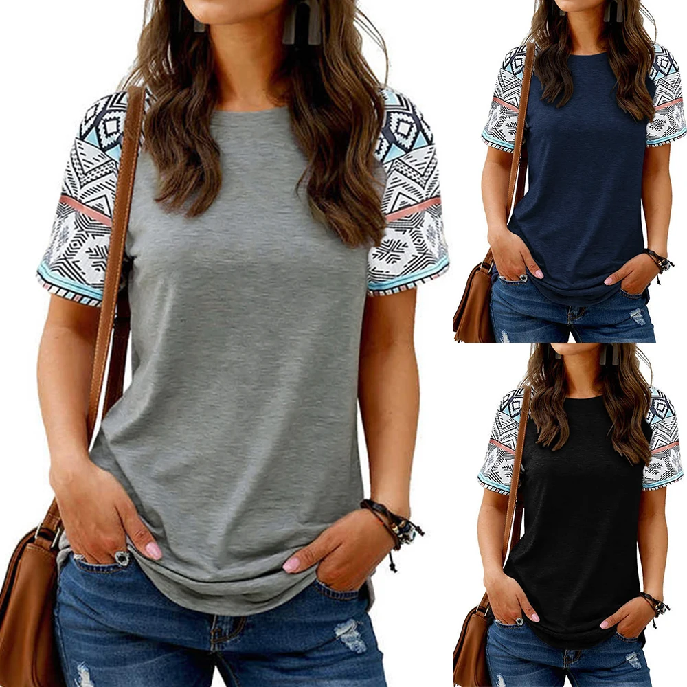 Women Round Neck Stitching Short Sleeve T-shirt Solid Color Ethnic Style Casual Tops Fashion Summer Basic Loose Tees Shirts D30
Women Round Neck Stitching Short Sleeve T-shirt Solid Color Ethnic Style Casual Tops Fashion Summer Basic Loose Tees Shirts D30