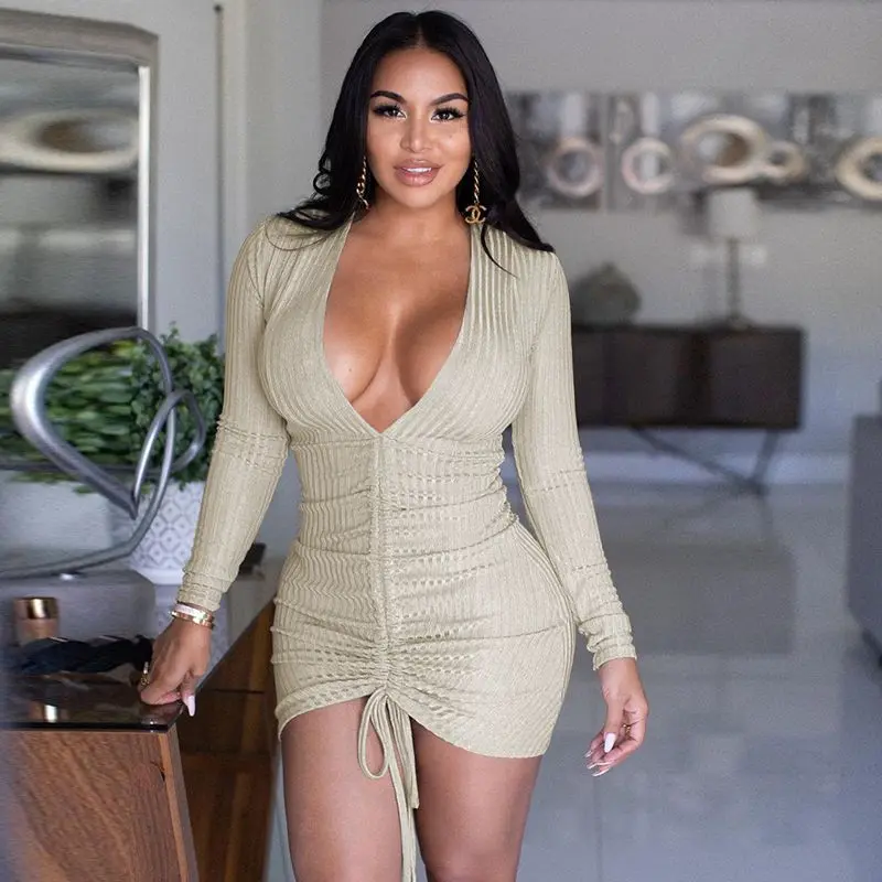 Sexy V Neck Long Sleeve Bodycon Dress Women Clothing Fall 2021 Elegant Sexy Drawstring Knitted Ladies Club Mini Dress 
Sexy V Neck Long Sleeve Bodycon Dress Women Clothing Fall 2021 Elegant Sexy Drawstring Knitted Ladies Club Mini Dress