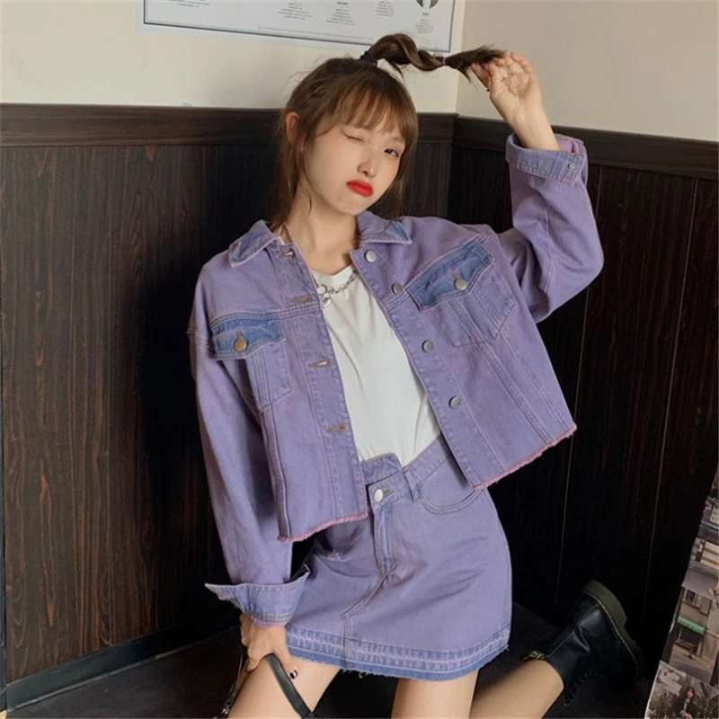 Women New Denim Loose Jacket Outerwear High Waist Denim Mini Skirt Korean Streetwear Purple Harajuku Two Piece Set C252
Women New Denim Loose Jacket Outerwear High Waist Denim Mini Skirt Korean Streetwear Purple Harajuku Two Piece Set C252