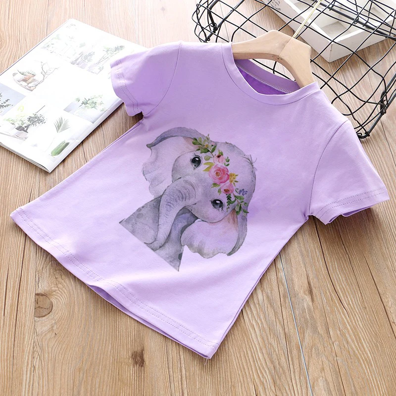 3 Color Elephant Funny Kawaii Girls Clothes Streetwear Boys Shirts Round Neck Baby Girl Tops Cartoon Casual Kids T-shirt Fashion | Мать и