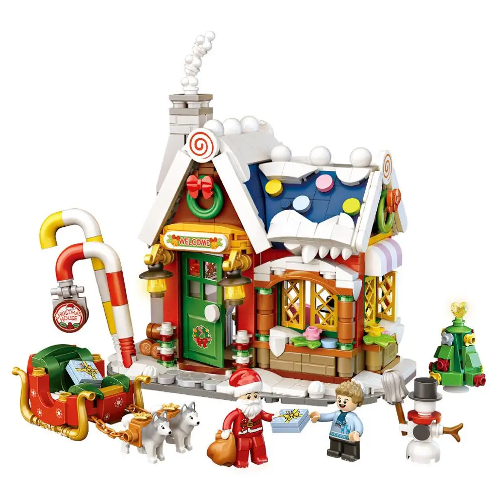

2021 создатель города зимняя деревня Санта Клаус Рождественская елка имбирный домик модель мини строительные блоки кирпичи детские игрушки
