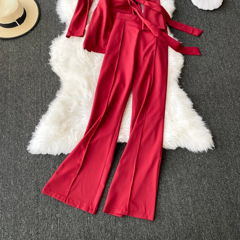 Tops High Waist Wide Leg Pants Office Ladies Suit OL Autumn Women's Two Piece Set Red/Yellow/Pink Notched Collar Long Sleeve 
Tops High Waist Wide Leg Pants Office Ladies Suit OL Autumn Women's Two Piece Set Red/Yellow/Pink Notched Collar Long Sleeve