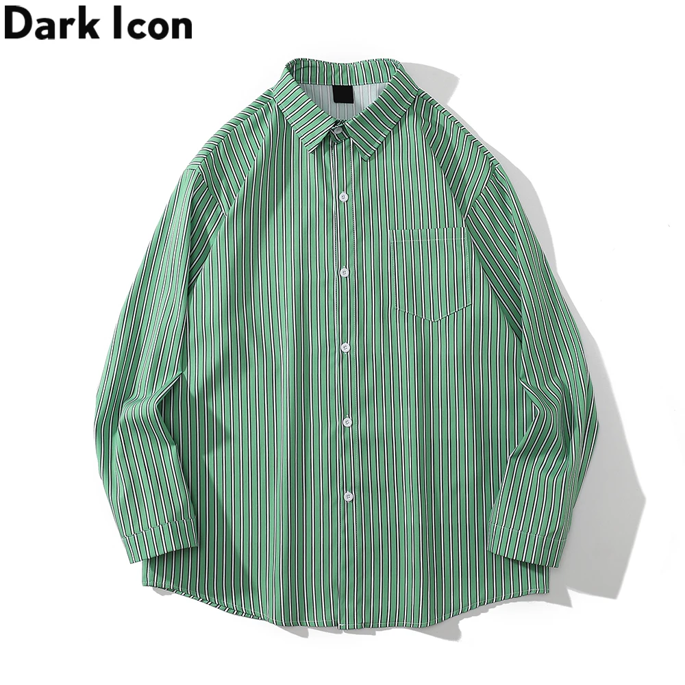 

Dark Icon Green Small Stripe Men's Shirt Long Sleeve Turn-down Collar Shirts for Man Male Top