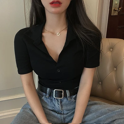 han Women's lapel short-sleeved t-shirt summer slim slimming solid color low-cut polo collar top
han Women's lapel short-sleeved t-shirt summer slim slimming solid color low-cut polo collar top