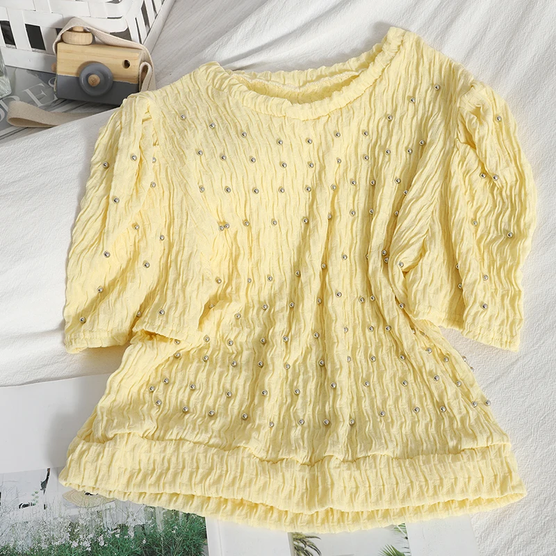 2021 Women's T-shirts Summer Chic Shirt O Neck Puff Sleeve Heavy Beading Students Tees Pleated Temperament Loose Solid Tops
2021 Women's T-shirts Summer Chic Shirt O Neck Puff Sleeve Heavy Beading Students Tees Pleated Temperament Loose Solid Tops