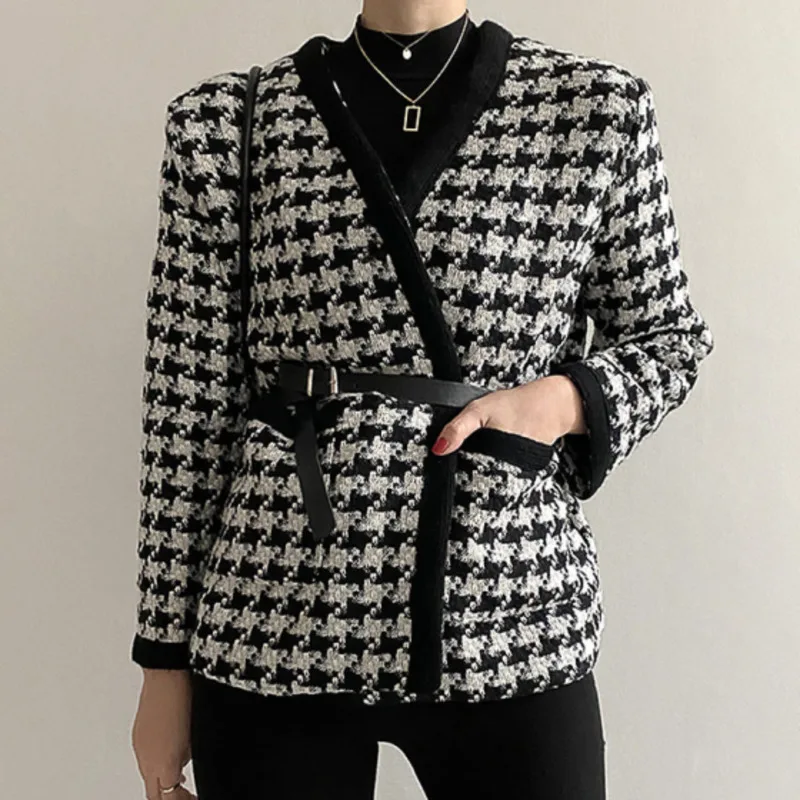 

New 2020 Autumn Winter Jacket Women Korean Single-breasted Pockets Vintage Houndstooth Coat Veste Automne Femme Slim Outwear