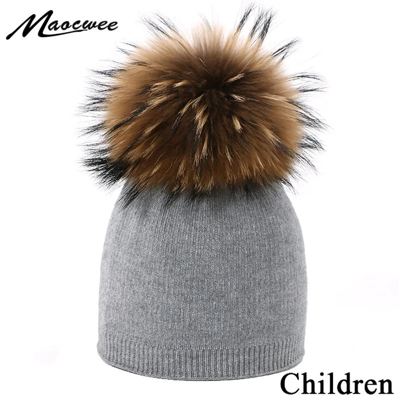 

Winter Knitted Beanie Hat with Real Fur Pom Poms For Children Fashion Cute Skullies Beanies Outdoor Thick Warm Soft Pompon Hats