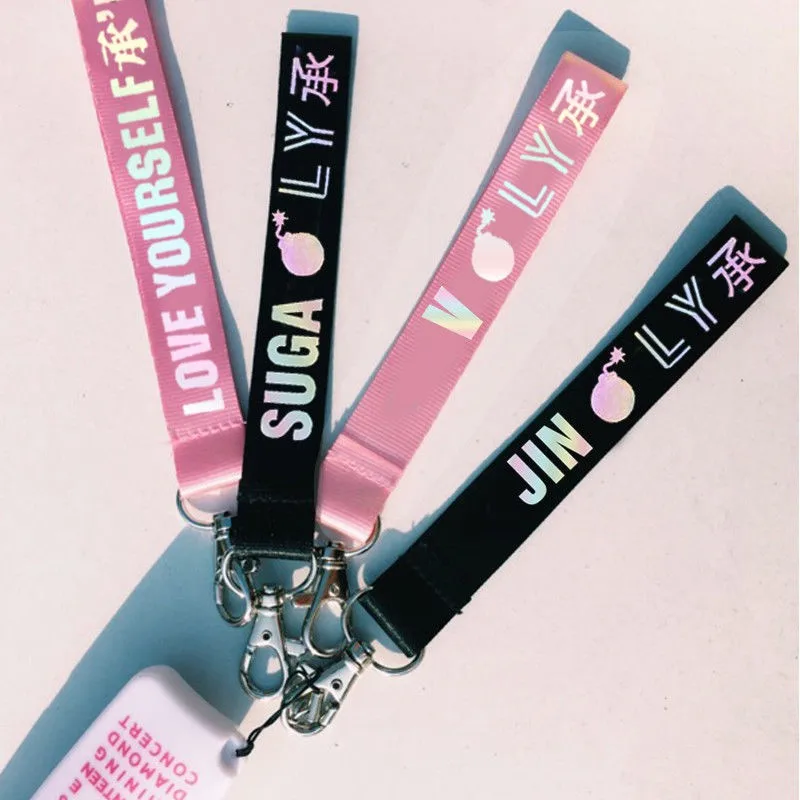 

KPOP Keychain Laser Bangtan Boys Lanyard Love Yourself Key Chains Jung Kook V SUGA JIMIN JHOPE RM Keyring Accessories