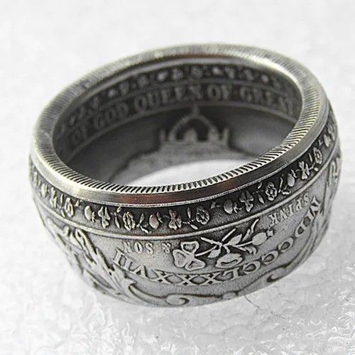 

Handmade Ring Coin By UF(10)United Kingdom 1887 One Crown Victoria Pattern Silver Plated Coin In Sizes 8-16
