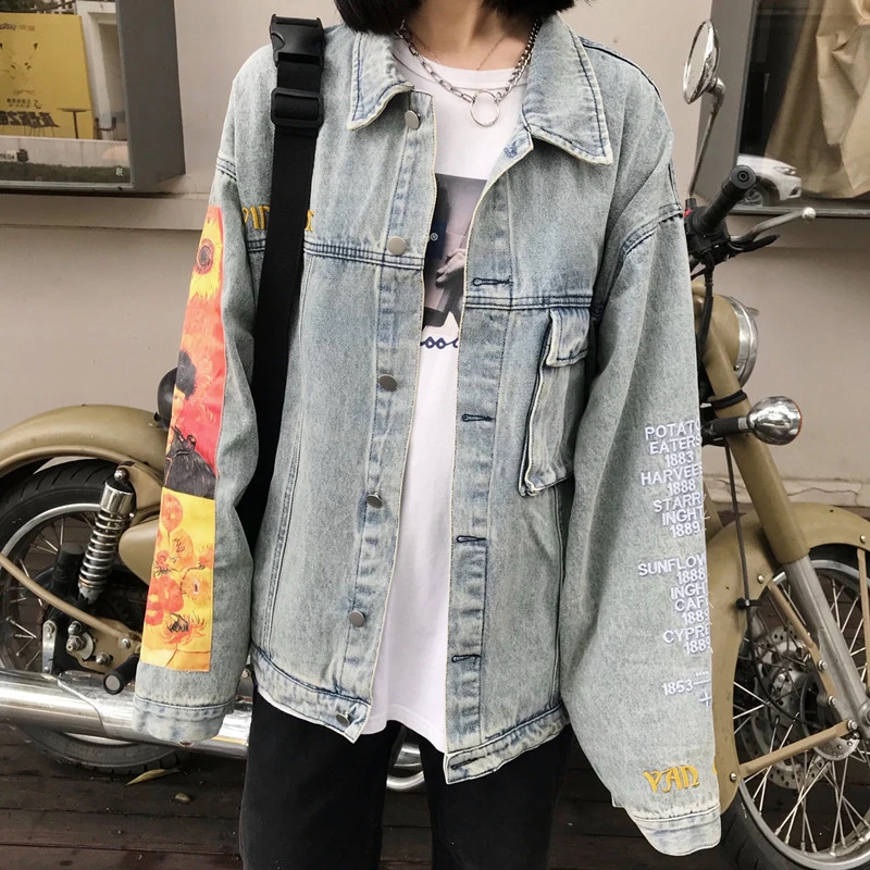 Vintage Print Embroidery Loose Jackets Light Blue Denim Jacket Turn Down Collar Button Long Sleeves
Vintage Print Embroidery Loose Jackets Light Blue Denim Jacket Turn Down Collar Button Long Sleeves