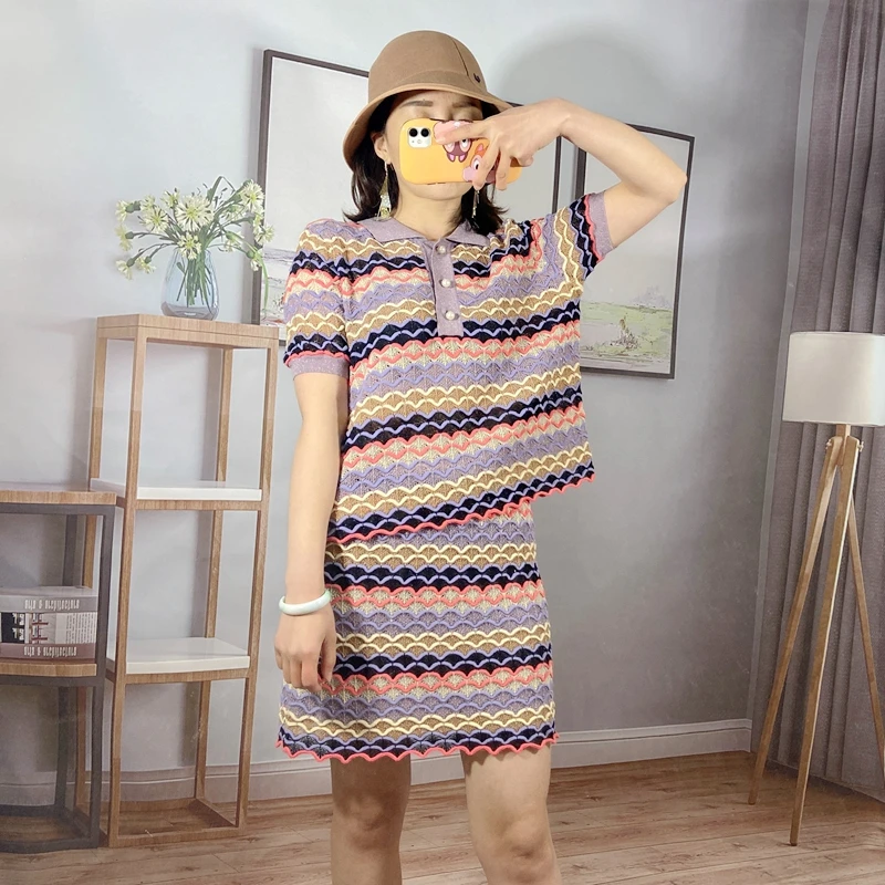 2 pieces set 2020 summer women designer casual wave striped hollow out short sleeve knitted sweater top + mini skirt sets JC408
2 pieces set 2020 summer women designer casual wave striped hollow out short sleeve knitted sweater top + mini skirt sets JC408