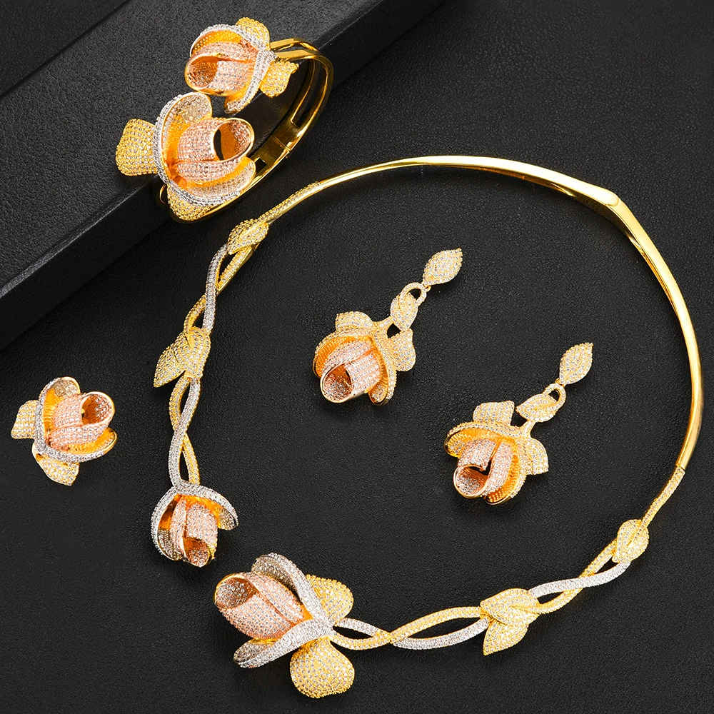 Blachette Fashion Dubai Bridal Wedding Flower 4PCS For Women Luxury CZ High Quality Necklace/Bracelet/Earrings/Ring Jewelry Sets
Blachette Fashion Dubai Bridal Wedding Flower 4PCS For Women Luxury CZ High Quality Necklace/Bracelet/Earrings/Ring Jewelry Sets