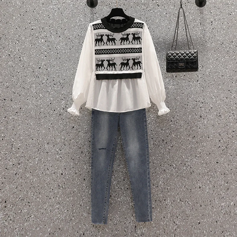 Women Sets Cartoon print Casual Shirt Patchwork Knitted 2 Pieces Student Preppy-style Fashion Simple All-match Hole Jeans Suits
Women Sets Cartoon print Casual Shirt Patchwork Knitted 2 Pieces Student Preppy-style Fashion Simple All-match Hole Jeans Suits