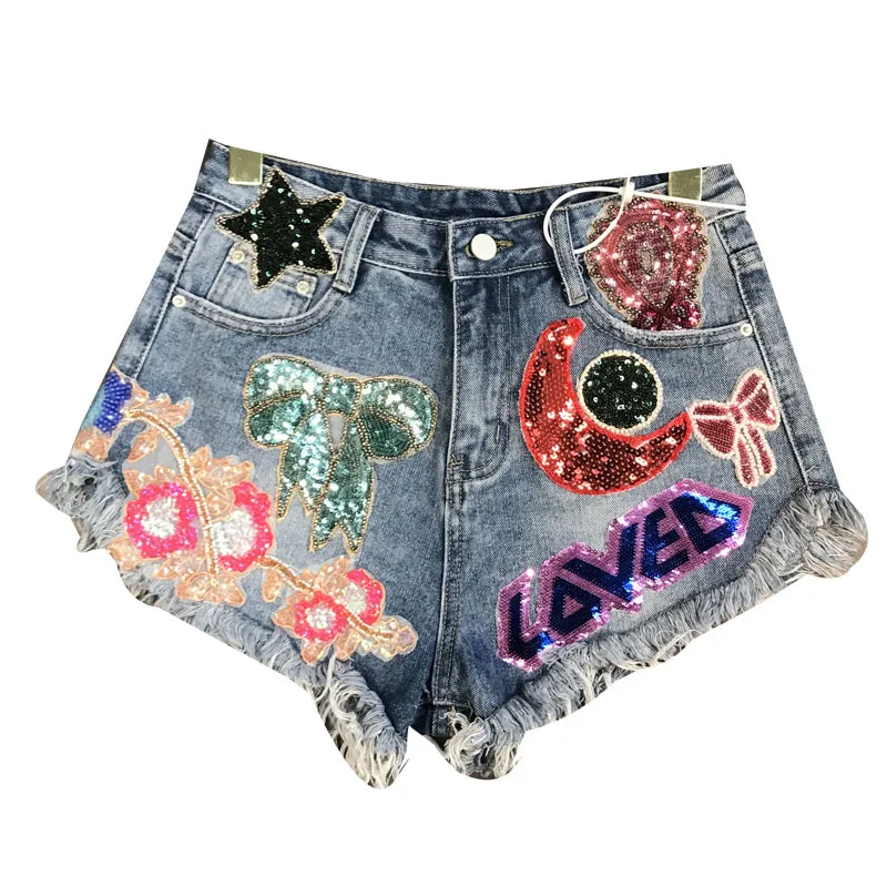 women's jeans with sequins and tassels embroidery, women's shorts with moon and star pattern, fashion
women's jeans with sequins and tassels embroidery, women's shorts with moon and star pattern, fashion