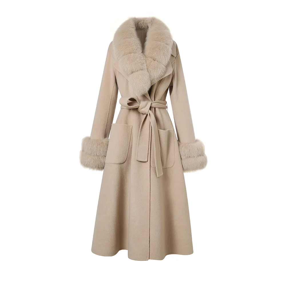 

2021 Women's Long Wool Coat Winter Long Fur Jackets Luxury Detachable Fluffy Autumn Fox Fur Trench Lady Outerwear S3565