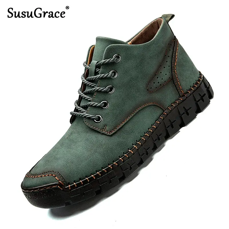 

Мужские высокие кожаные туфли SusuGrace, зеленые повседневные кроссовки на плоской подошве со шнуровкой, осенние дышащие Модные Винтажные мужс...